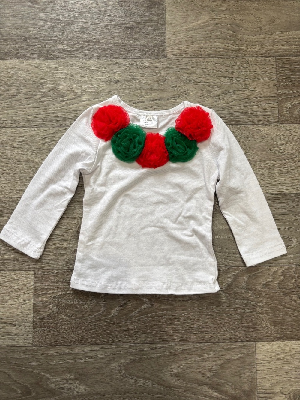 Baby Girl's White longsleeve tshirt with Red Green ruffle Christmas, S 18-24mths